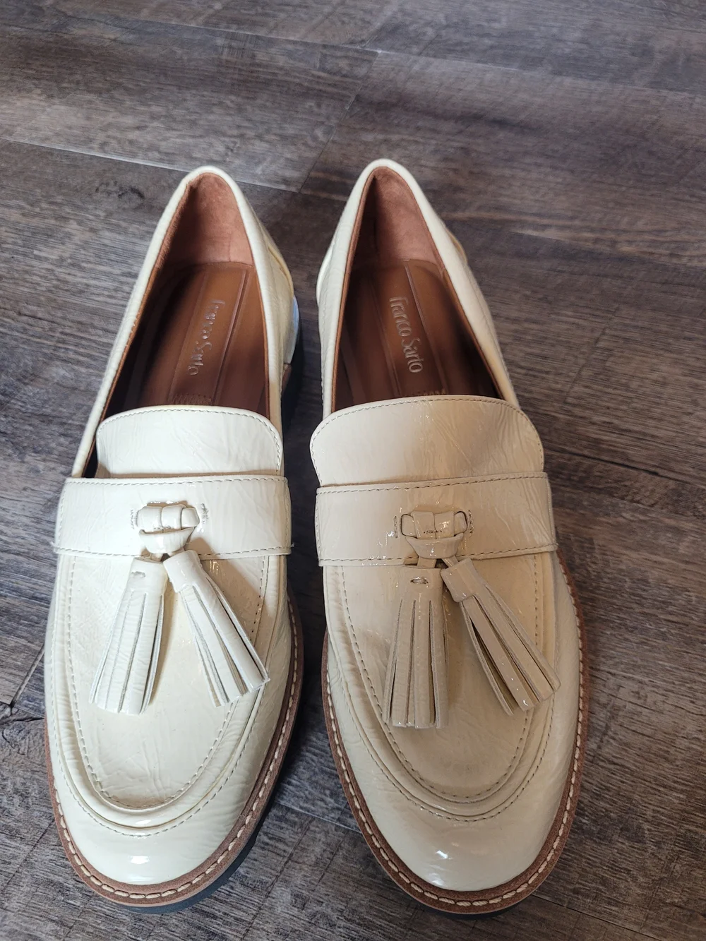 Cream Patent Leather Franco Sarto Tassel Loafers Size 7 Preppy Workwear